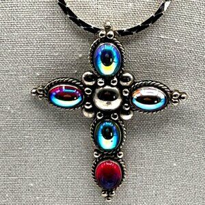 Beautiful Vintage Silver Tone Cross Necklace With Colorful Glass Gemstones